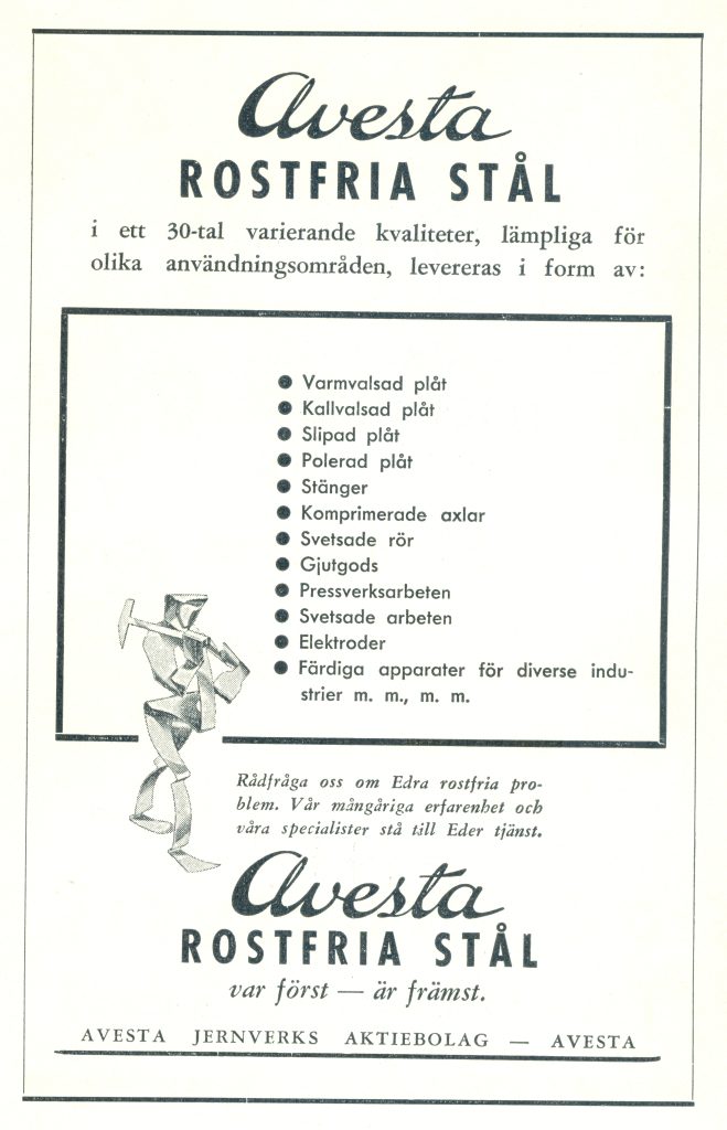 Avesta Jernverk annonserar i Dalarnas Hembygdsbok 1945.