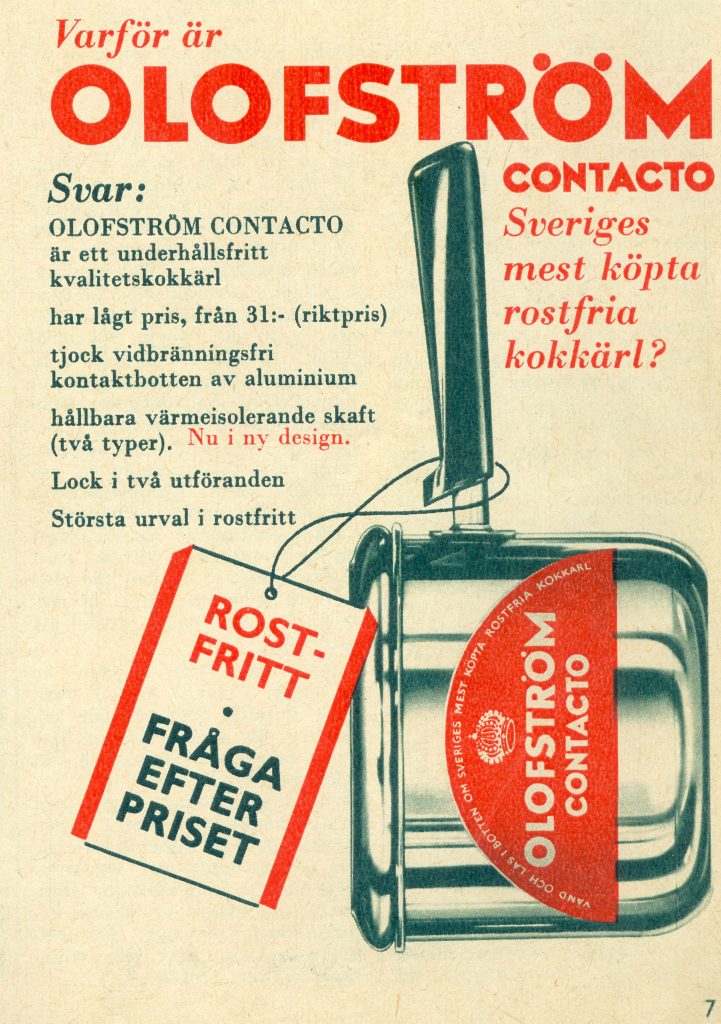Annons i Husmodern, nummer 17 (21/4 1961) Olofströms "Contacto"-kastruller.
