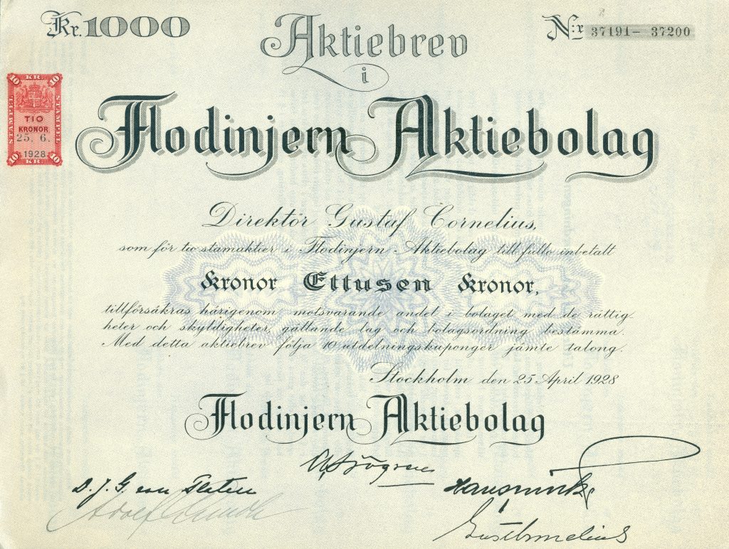  Aktiebrev Flodinjern Aktiebolag, 1928.