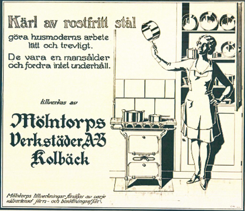 Reklam för hushållsföremål av rostfritt stål från Mölntorps Verkstäder, 1930.