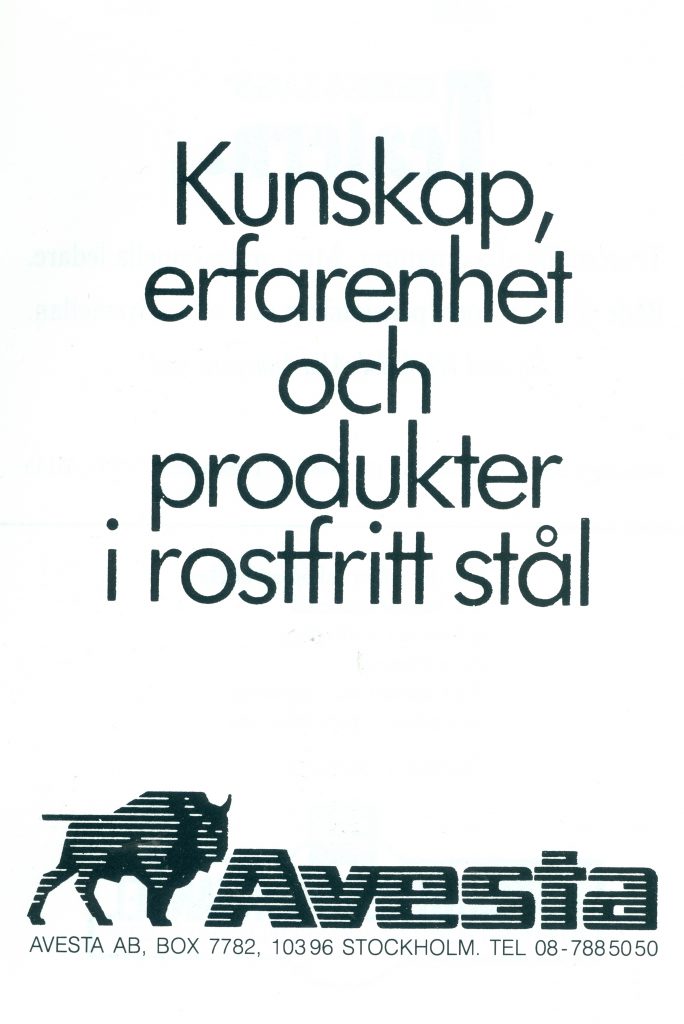 "Kunskap, erfarenhet och priodukter i rostfritt stål" - Avestareklam från 1989 i "Folkarebygden".