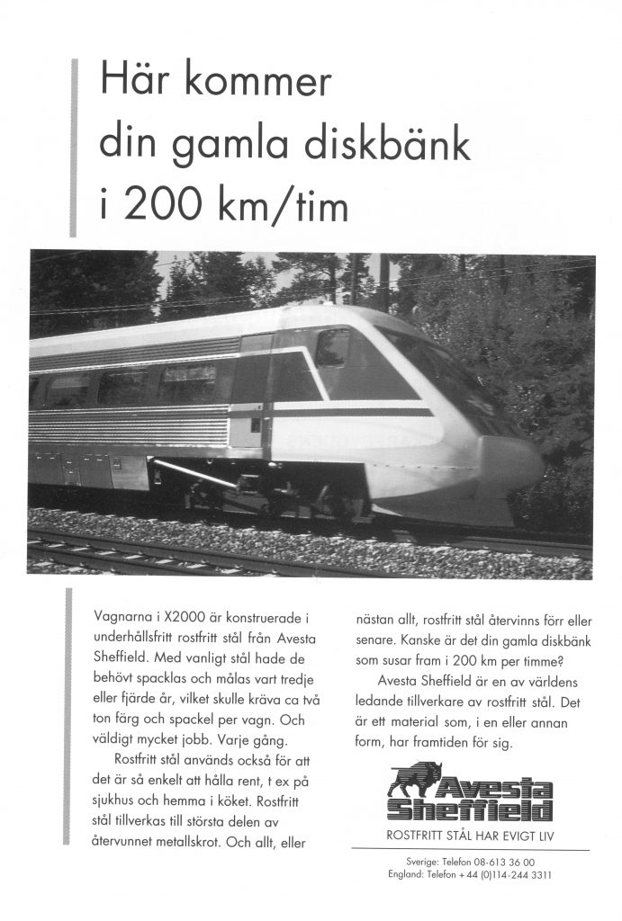 "Här kommer din gamla diskbänk 1 200 km/tim" - AvestaSheffieldreklam från 1995 i "Folkarebygden".