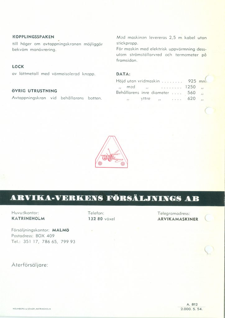 KLIMAX Rostfria Elektriska Tvättmaskiner, Liten broschyr tryckt 1954 från Arvika-Verkens Försäljnings AB i Katrineholm. (Bild 3)