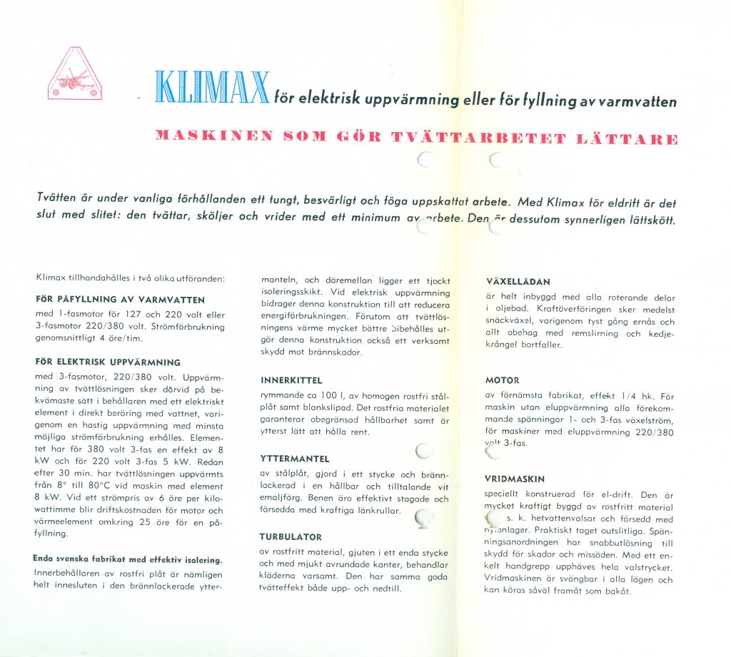 KLIMAX Rostfria Elektriska Tvättmaskiner, Liten broschyr tryckt 1954 från Arvika-Verkens Försäljnings AB i Katrineholm. (Bild 2)