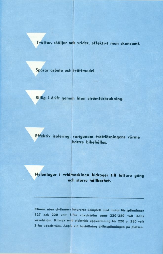 KLIMAX Rostfria Elektriska Tvättmaskiner, Liten broschyr tryckt 1954 från Arvika-Verkens Försäljnings AB i Katrineholm. (Bild 4)