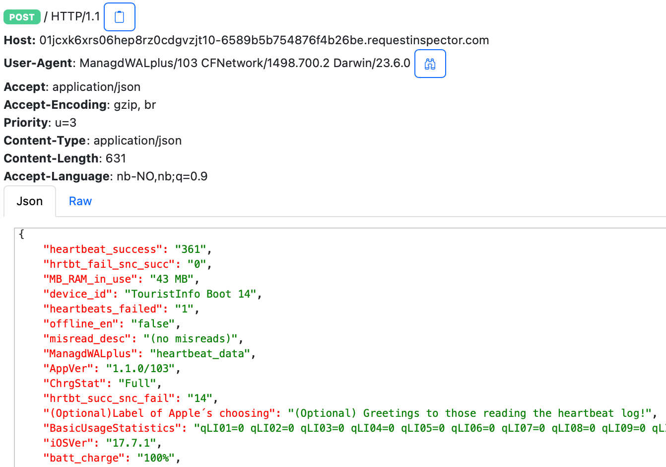 Heartbeat data received at logging server.