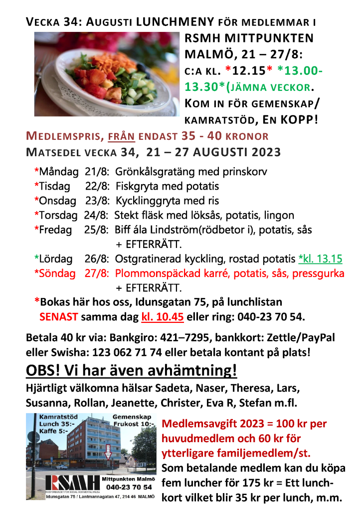 Matsedel - Lunchmeny vecka 34,  21 - 27 augusti 2023, hos RSMH Mittpunkten Malmö - Idunsgatan 75 i Malmö.