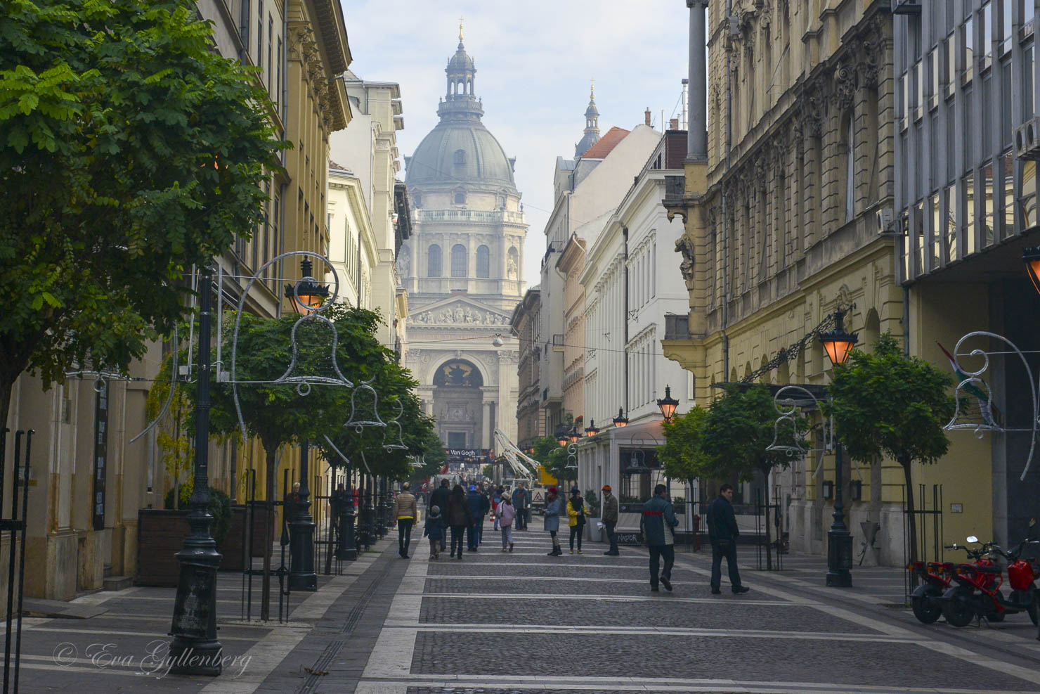 St. Stephen's Basilica seen from a tree-lined street