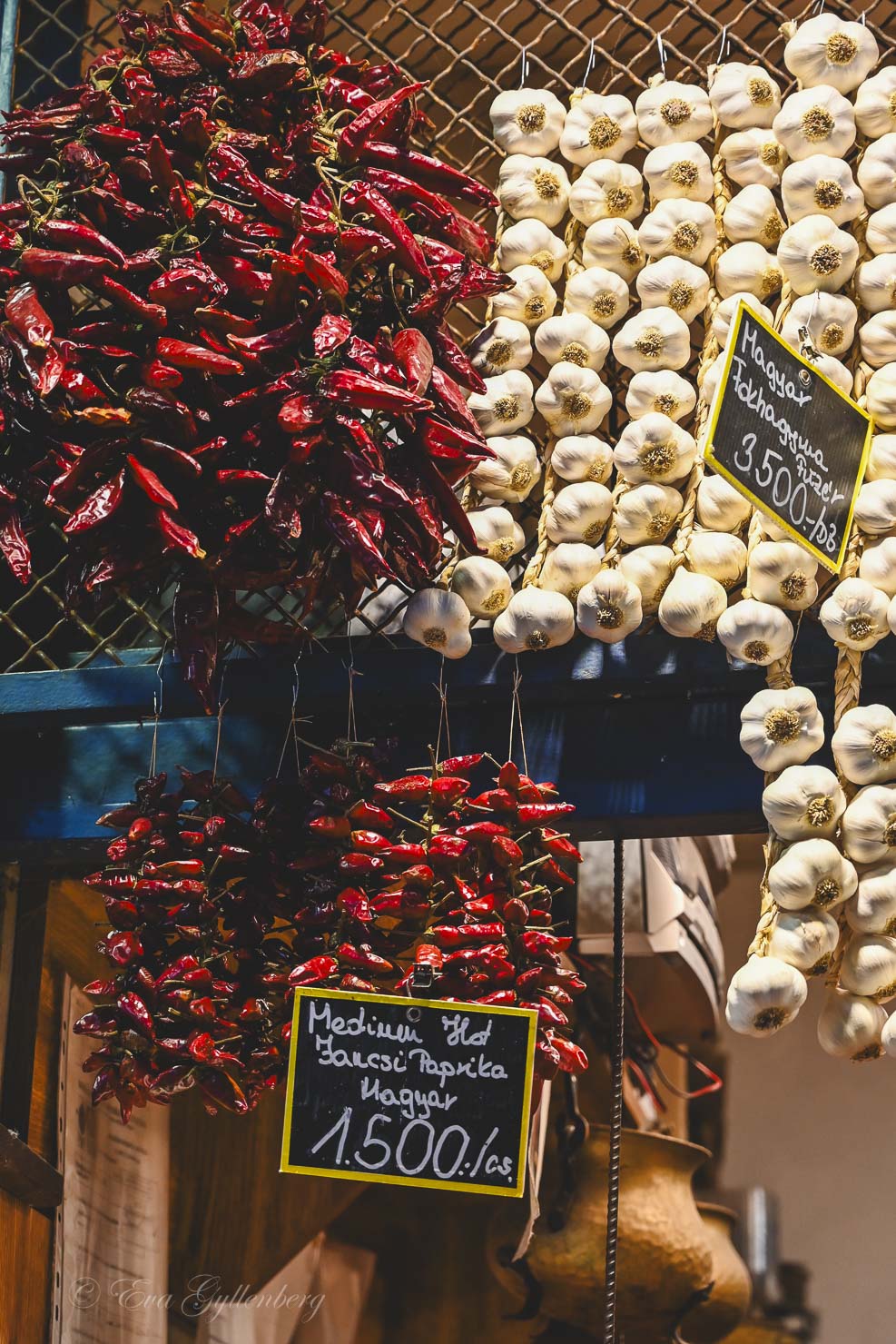 Lots of peppers (chili) and garlic at a market in Budapest