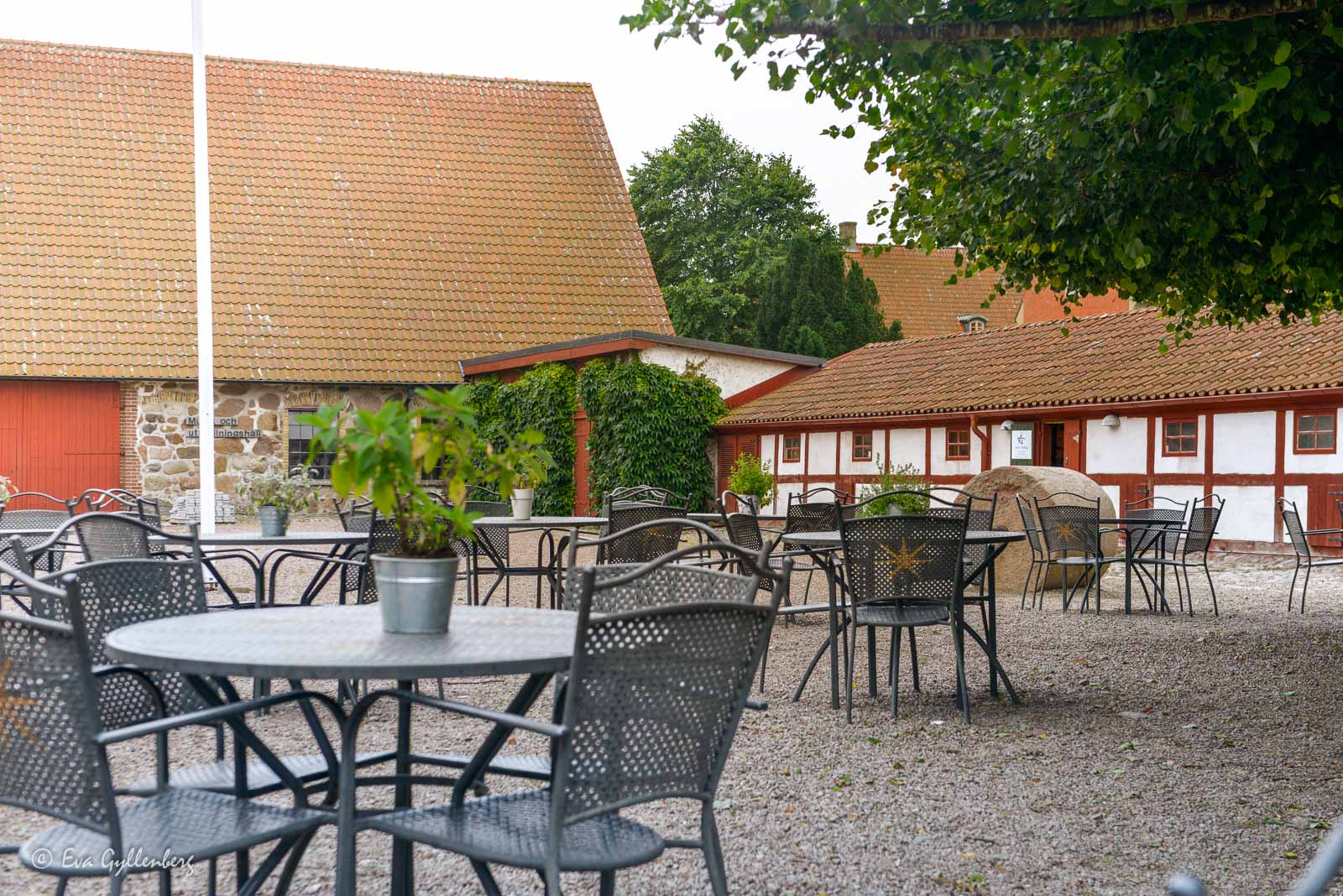 An outdoor dining area at a half-timbered house