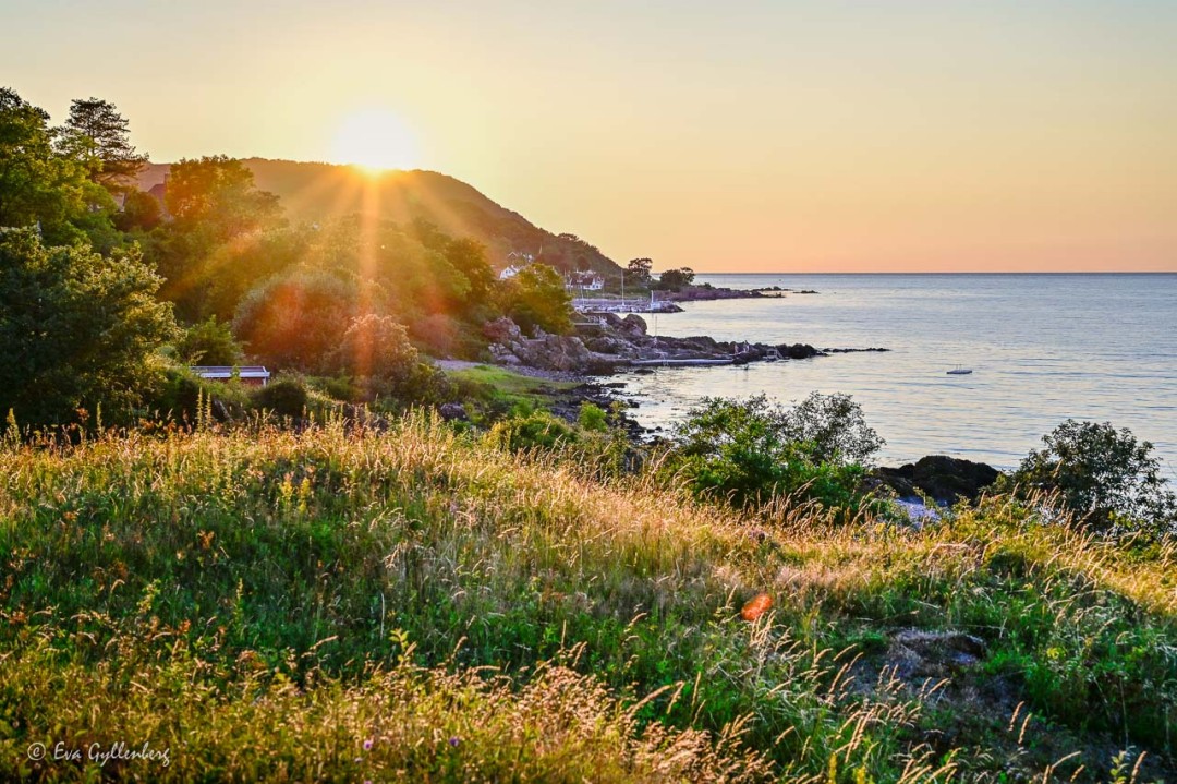 Solnedgång över höga berget Kullaberg sett från Arild