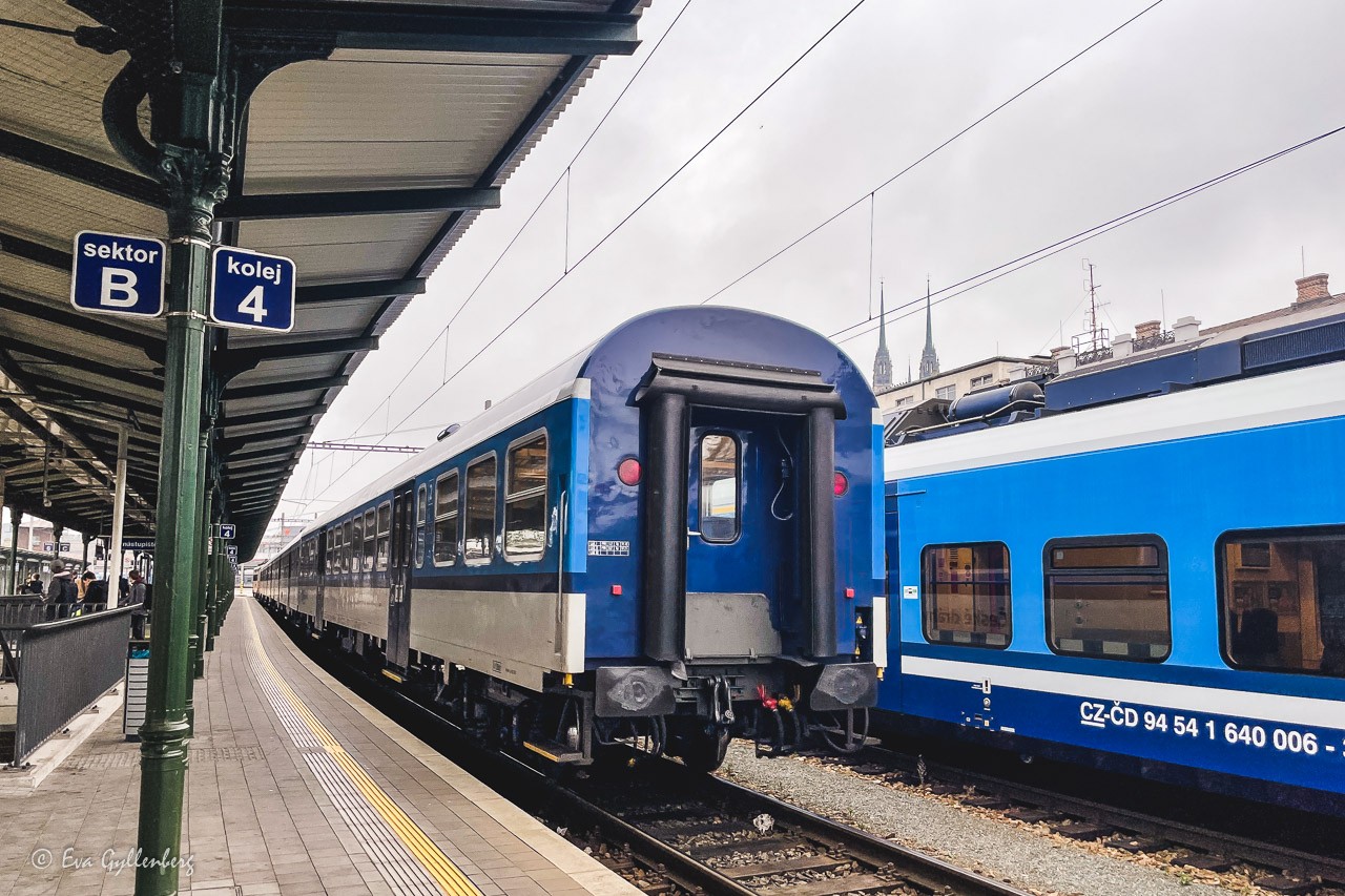 Two blue trains at a station - a way of traveling by train in the Czech Republic