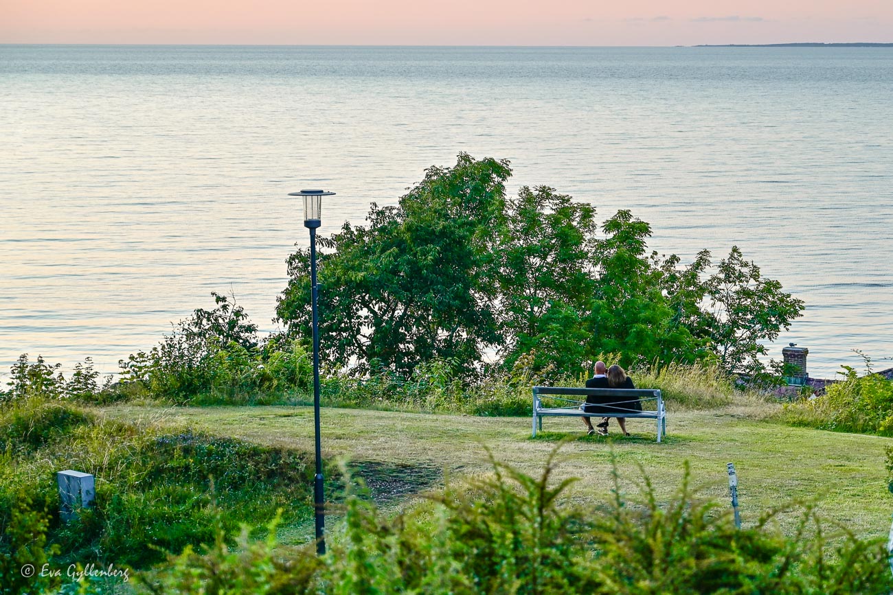 Couple on park bench at sunset by the sea