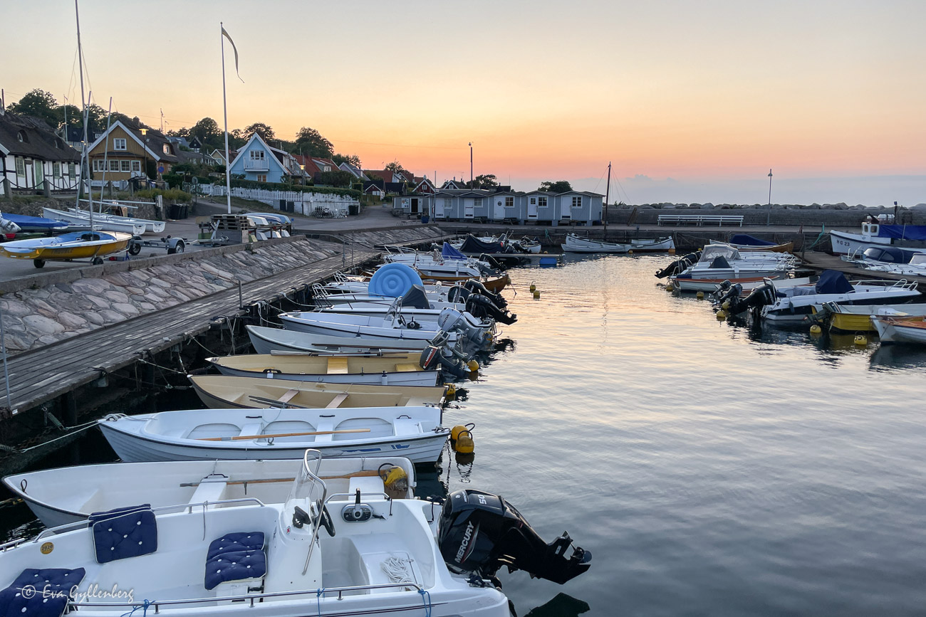 Arild's harbor with all the small boats at sunset