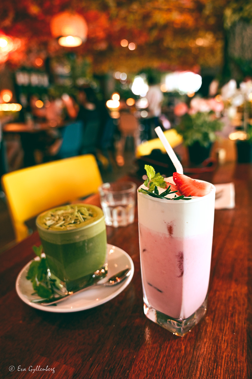 a macha and a pink strawberry drink