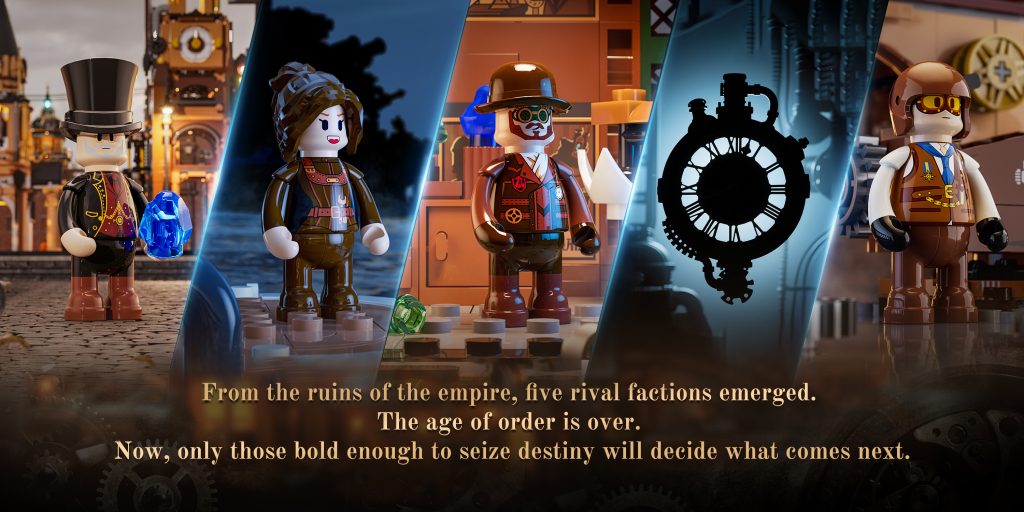 Five factions of Lumibricks' Steampunk World represented by figurines. Text reads: From the ruins of the empire, five rival factions emerged. The age of order is over. Now, only those bold enough to seize destiny will decide what comes next.