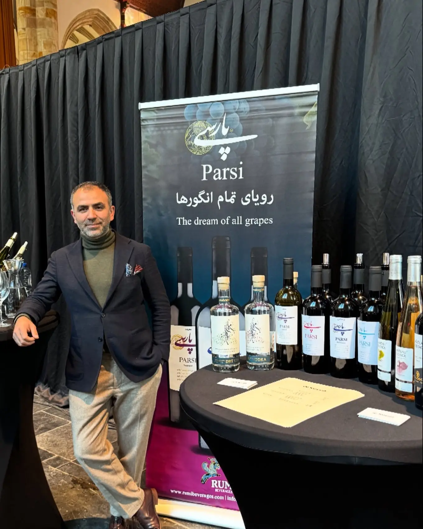 Ofran Badakhshani at the Parsi stand at a wine fair