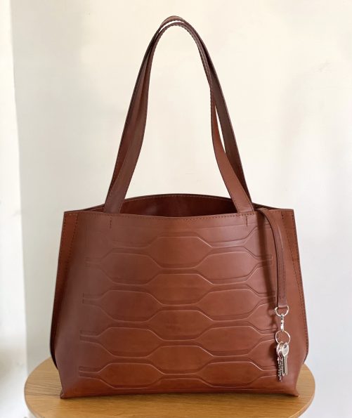 Gallery chestnut debossed tote with inside keychain