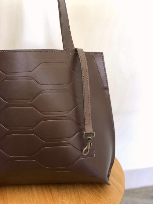 Gallery brown debossed tote with keychain detail