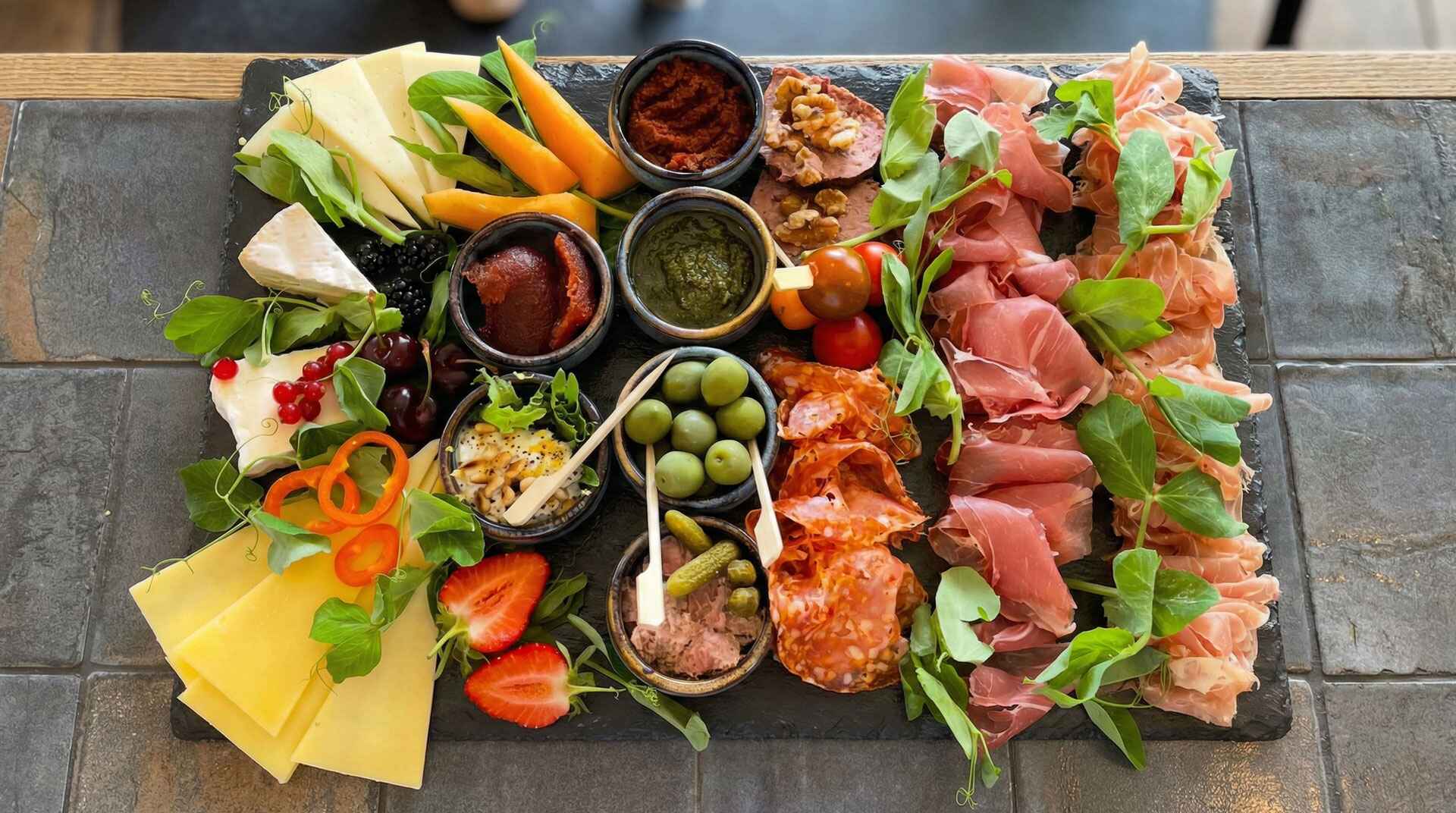 Stort tapasbræt med forskellige oste, charcuteri, oliven, grønt og små skåle med dip