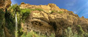 Felsen mit Wasserfall in der Oase En Gedi in der Negev-Wüste in Israel