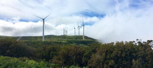 Da kommen Wolken auf die Windräder auf der Hochebene Paul da Serra auf Madeira zu.