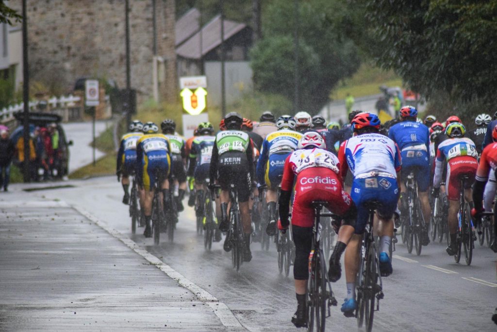 La Route Adélie de Vitré 2022 using Safe Cycling Safety Sign (Mobile LED-sign for sporting events) with commercial space for event sponsors.