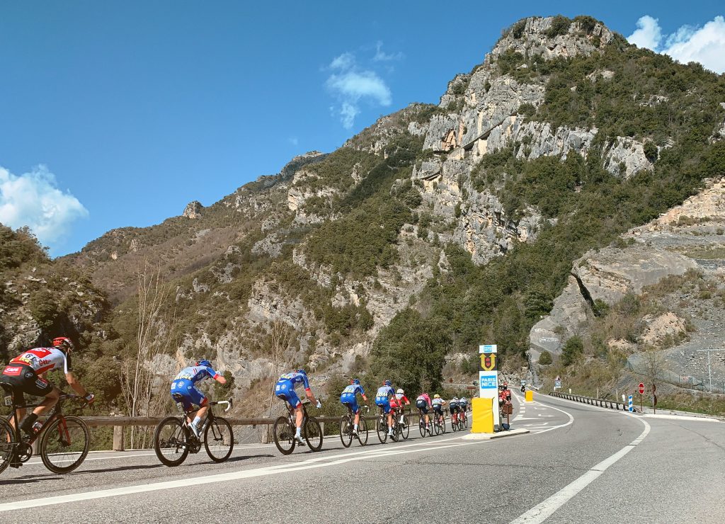 Paris-Nice 2022 using Safe Cycling Safety Sign (Mobile LED-sign for sporting events) with commercial space for event sponsors.