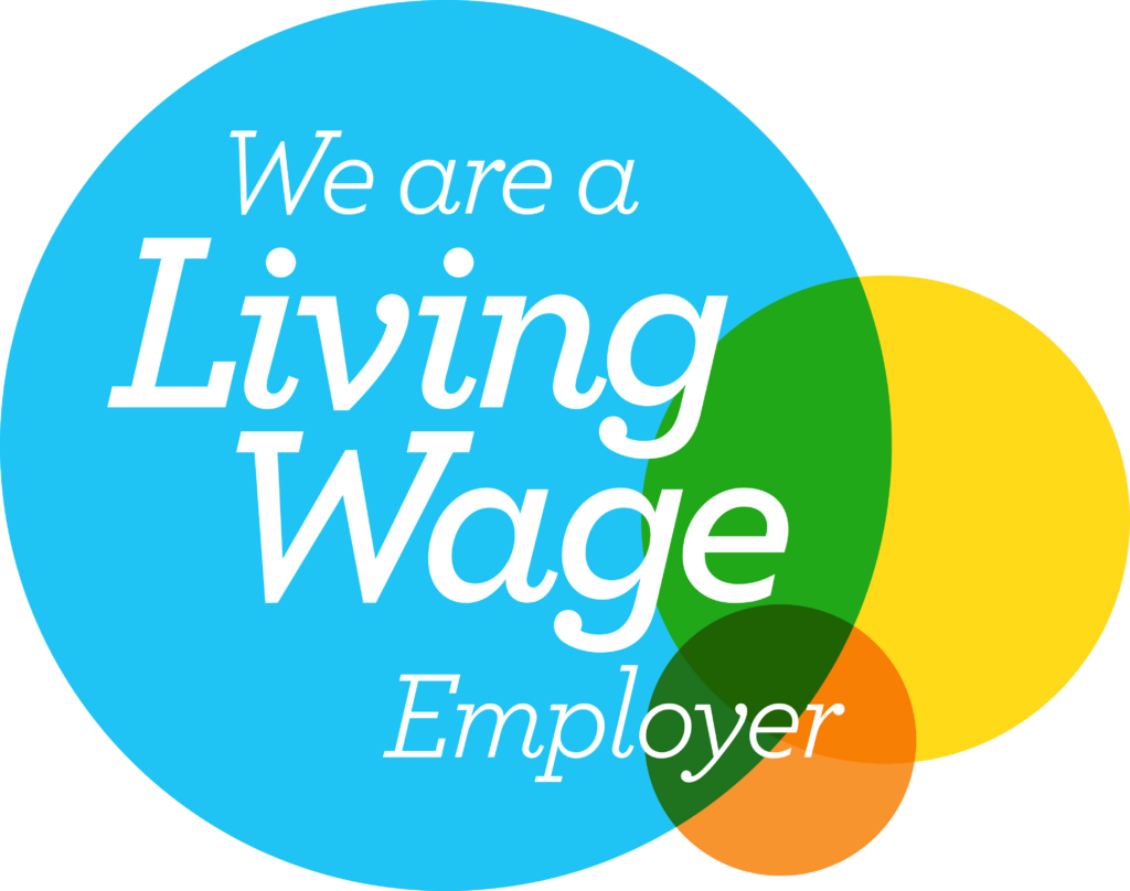 We are a Living Wage Employer - white text on a background of blue, yellow and orange overlapping circles