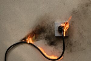 On fire electric wire plug Receptacle on the concrete wall exposed concrete background