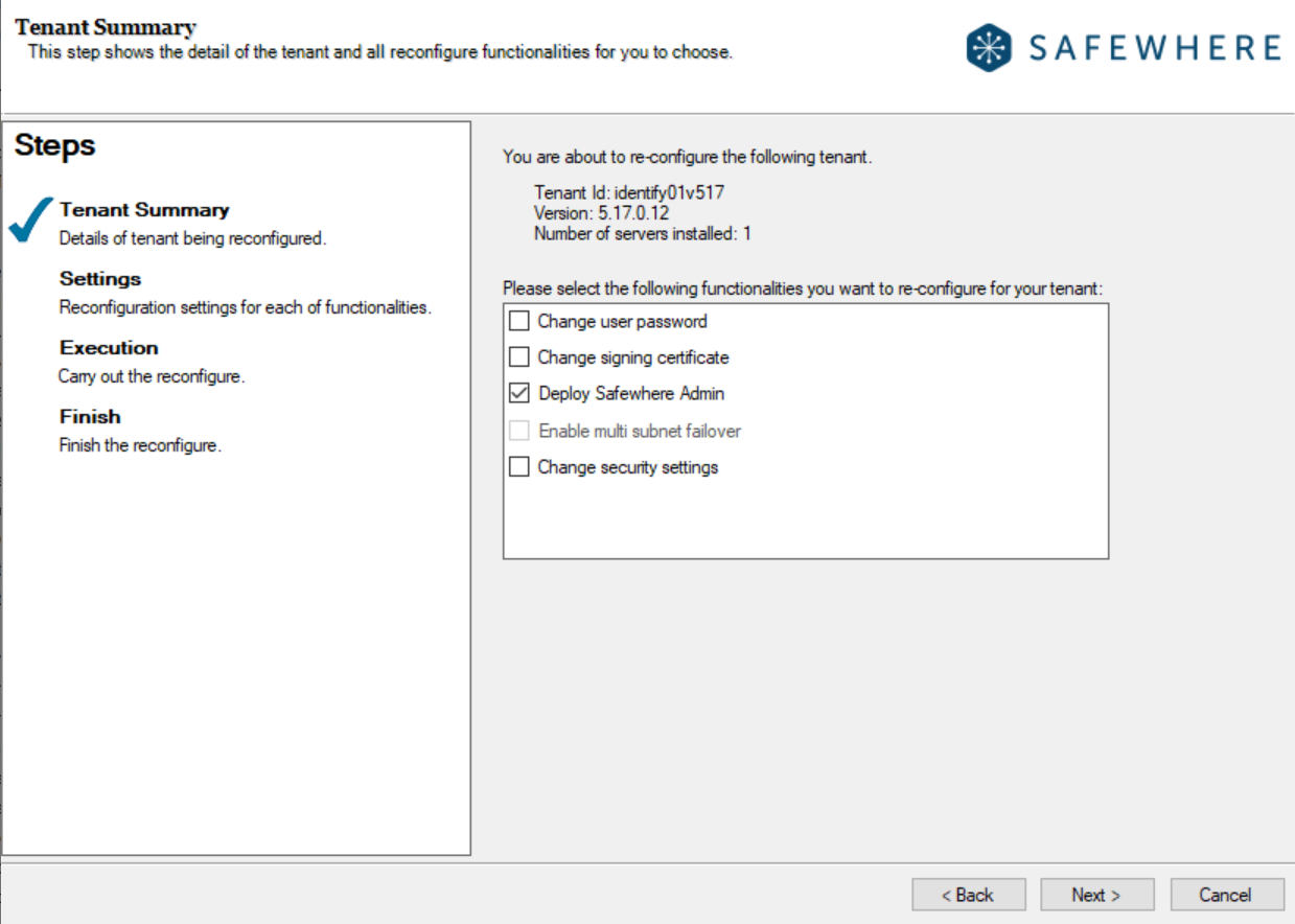 Reconfigure Safewhere Admin