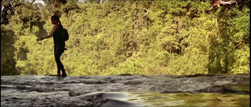 Lara Croft Anjelina Jolie on Kulen waterfall and jungle in Siem Reap Cambodia