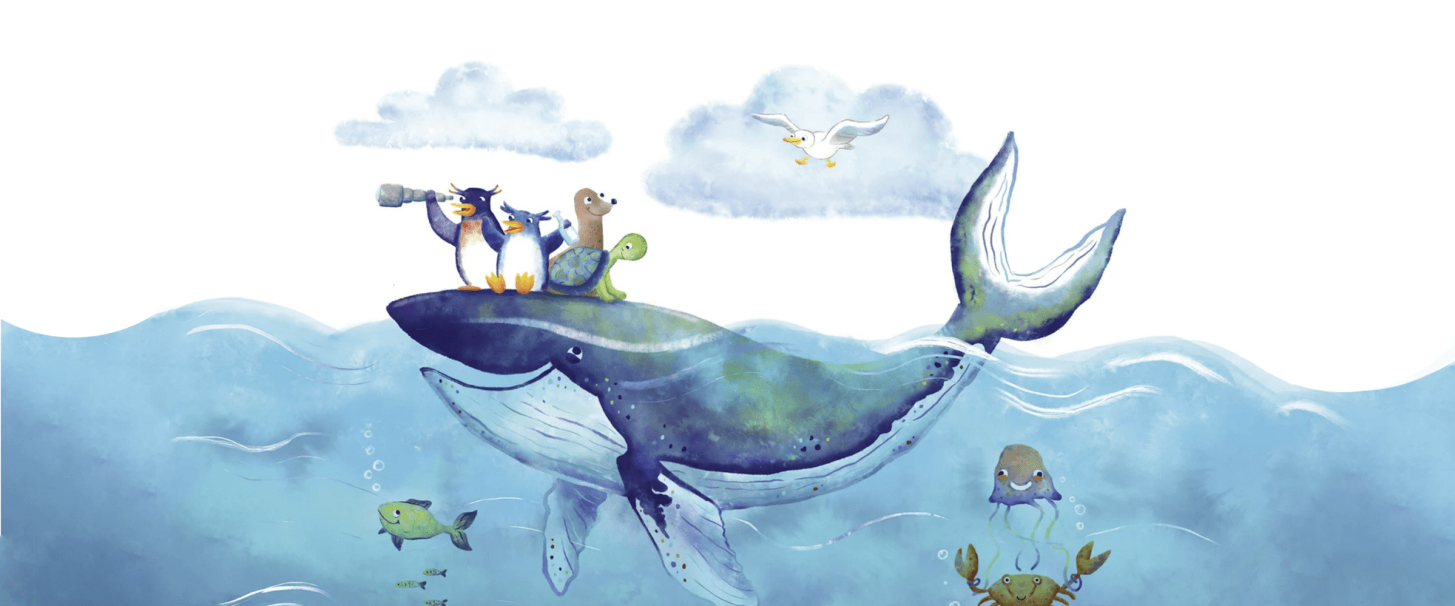 An illustration of penguins on a whale