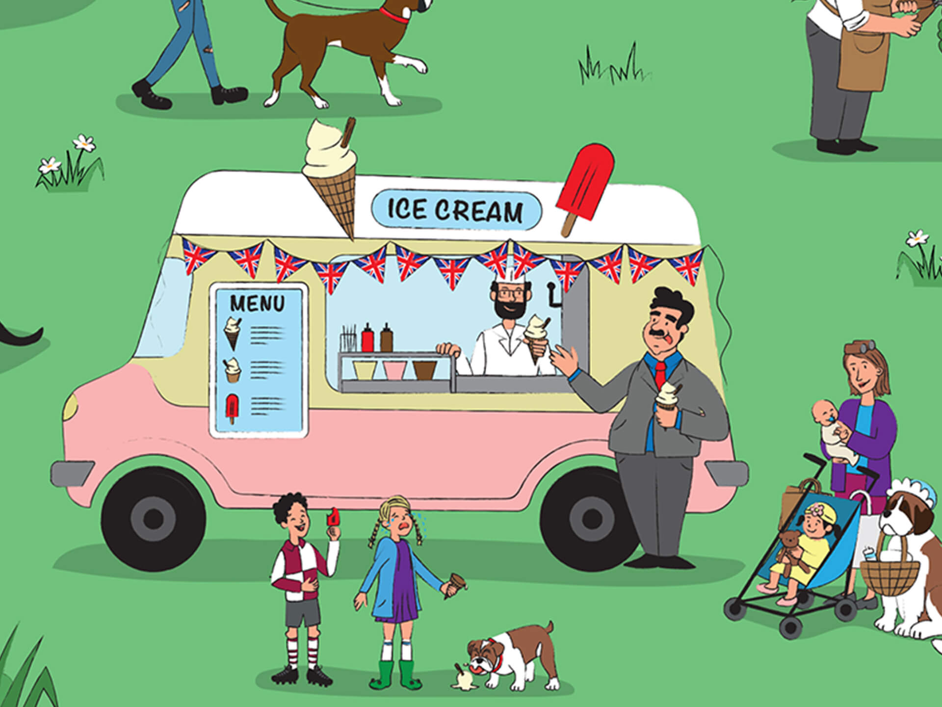 Close up image of illustration showing an ice cream van with people and dogs around