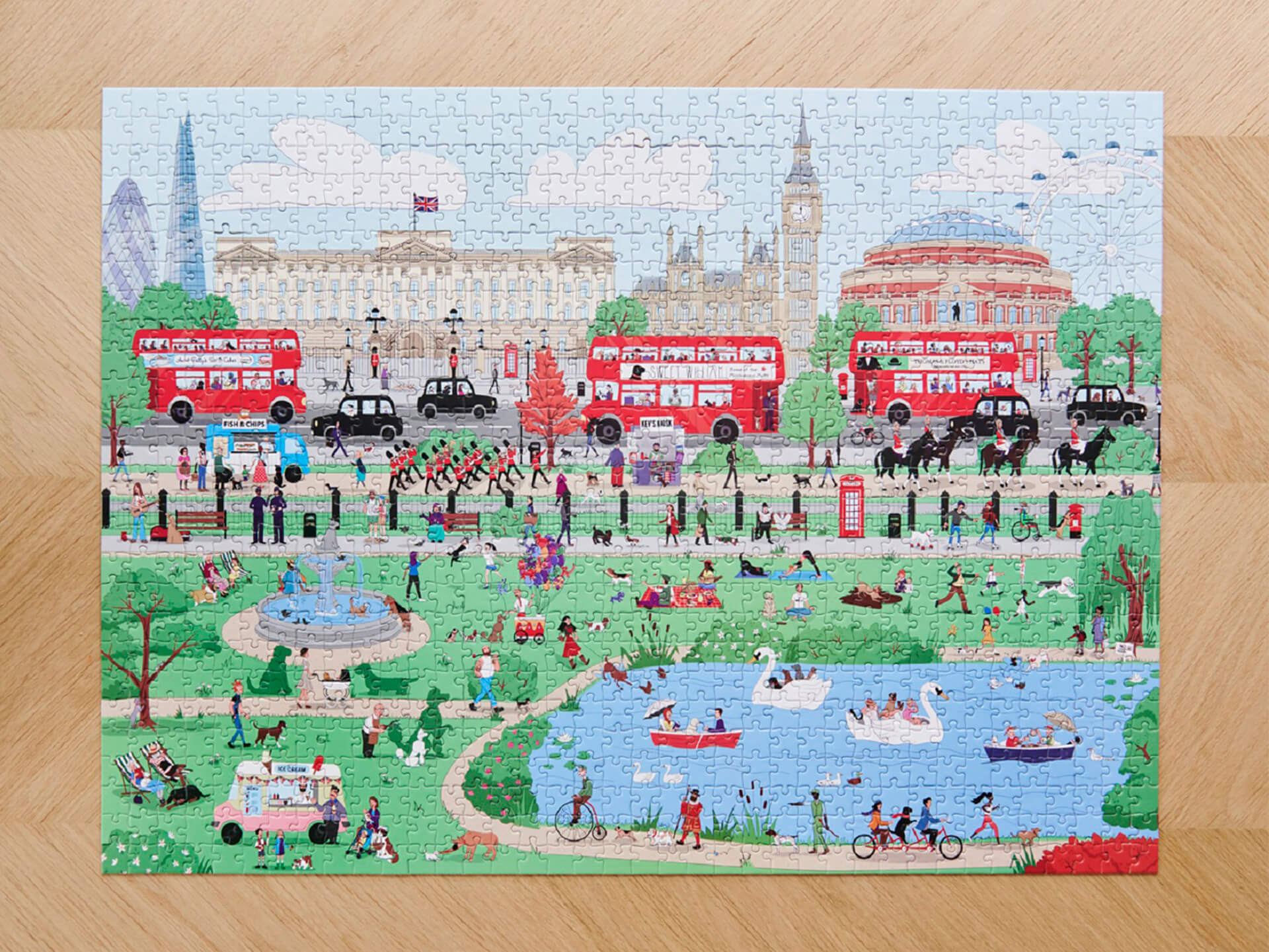 Completed jigsaw of Dog Walkers of London - Sweet William Designs - Illustrated by Samantha Thorley