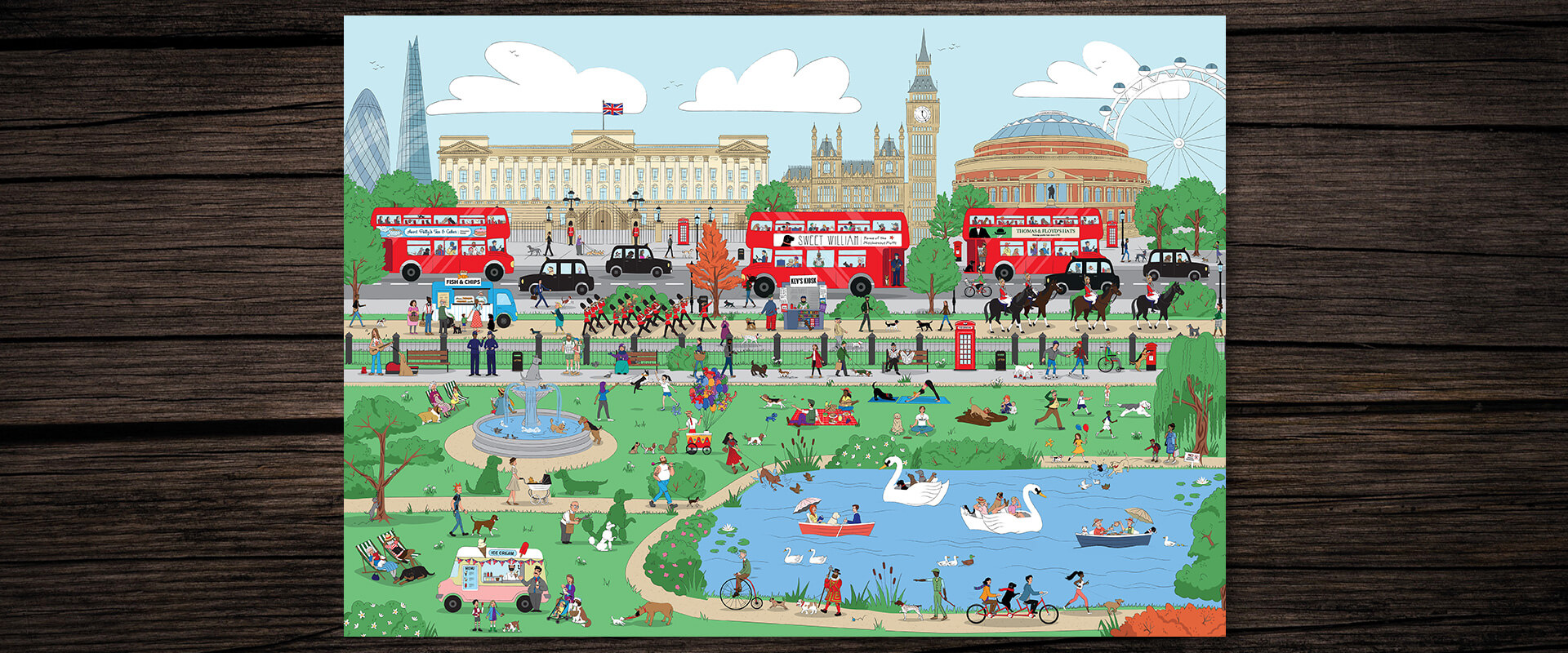 Completed Dog Walkers of London Jigsaw on a dark wood background