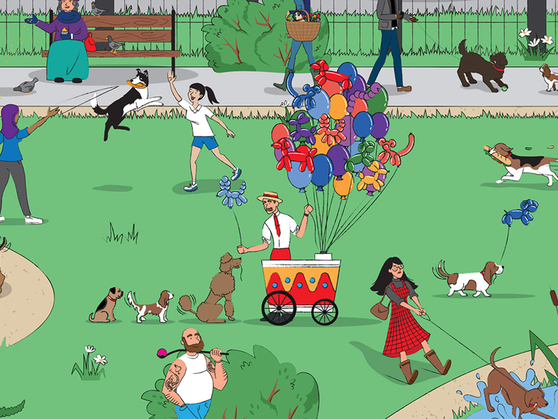 Close up of illustration with dogs queuing up at a balloon stand in London