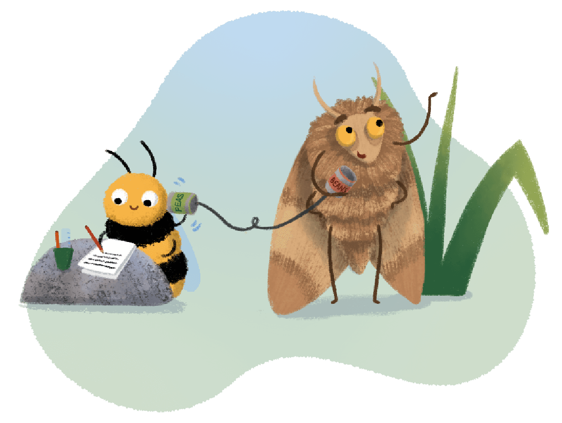 An illustration of a bee and a moth talking