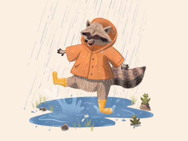 An illustration of a racoon in a rain coat