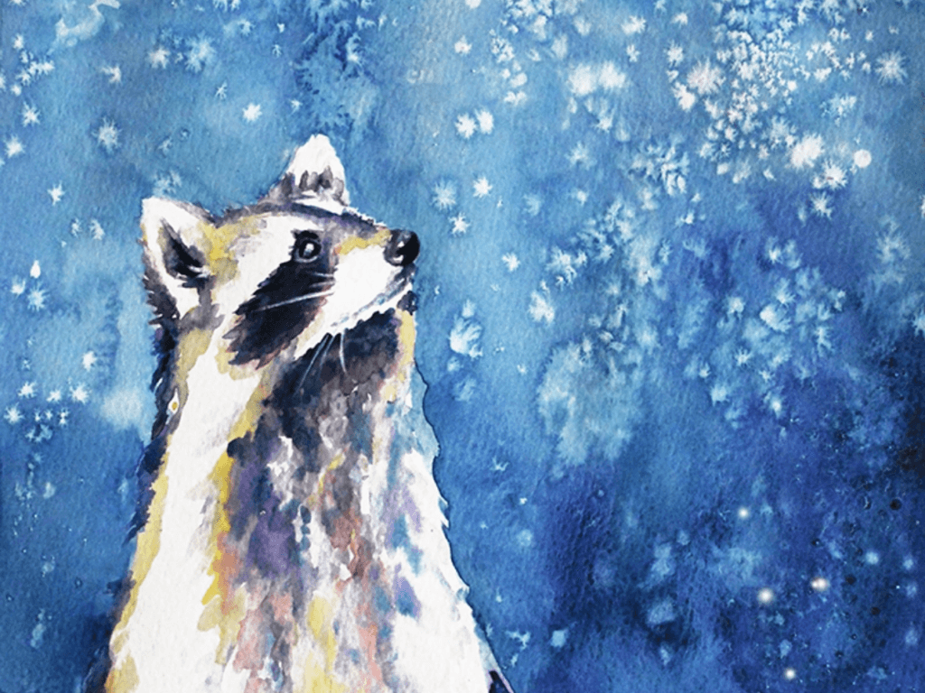 A watercolour painting of a racoon