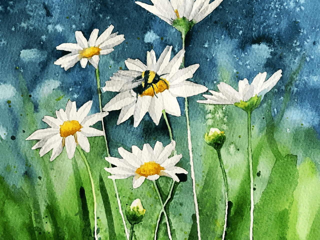 A watercolour painting of a bee on flowers