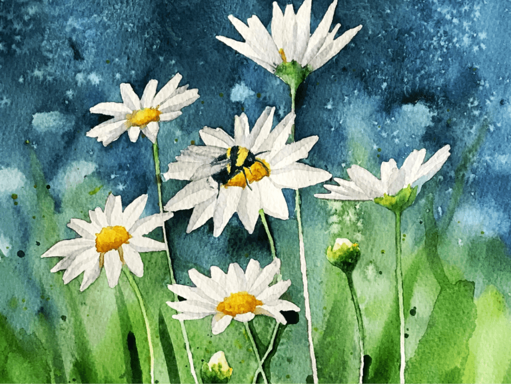 A watercolour of a bee on flowers