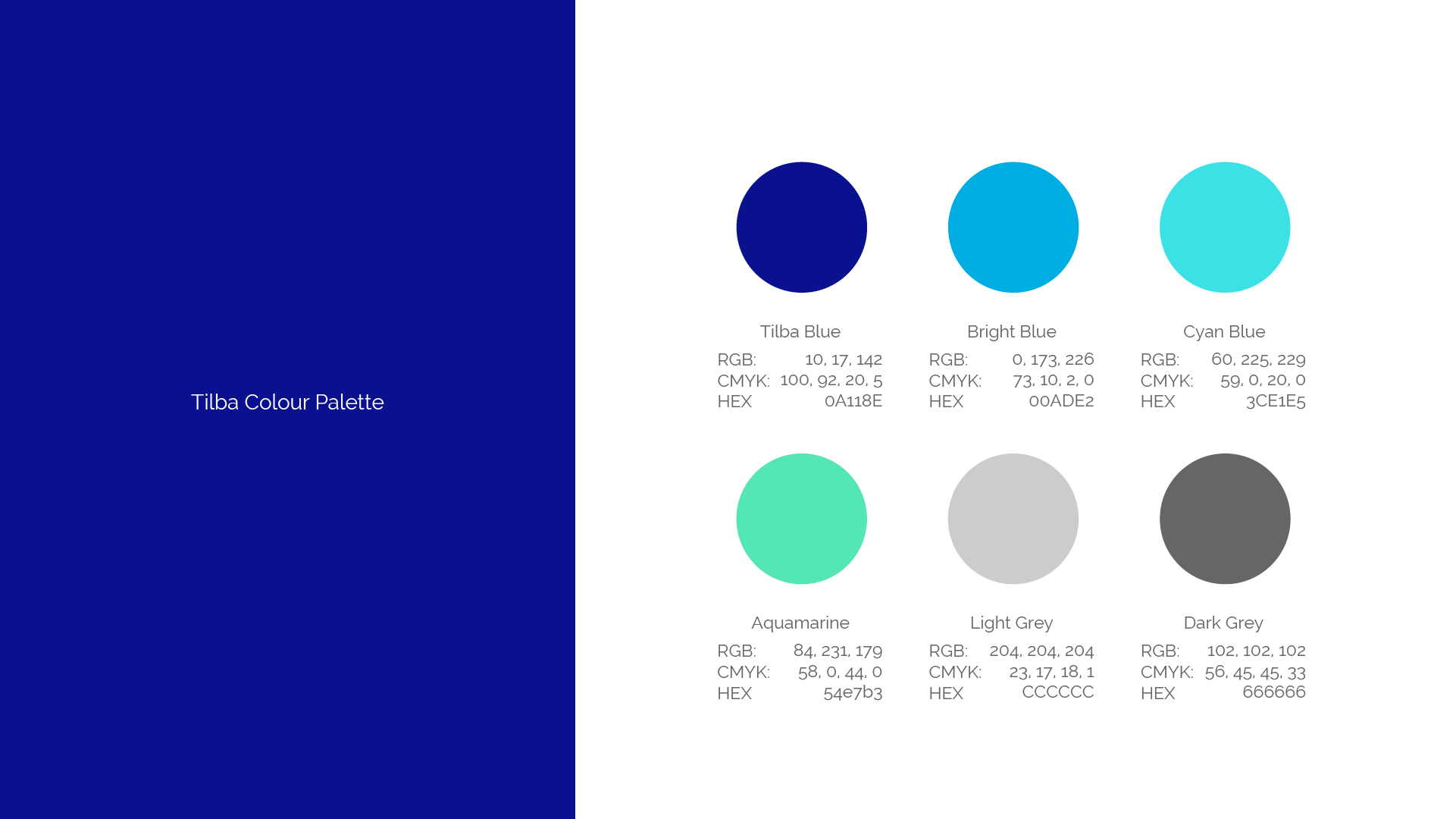 colour palette swatches for the Tilba brand