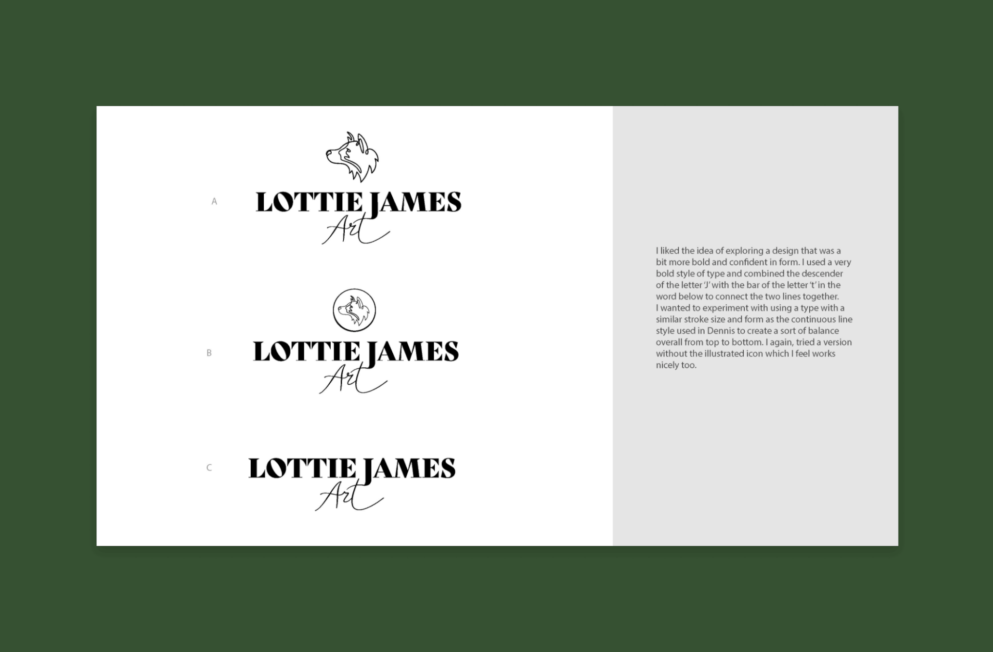 Logo concepts for the Lottie James Brand on a green background