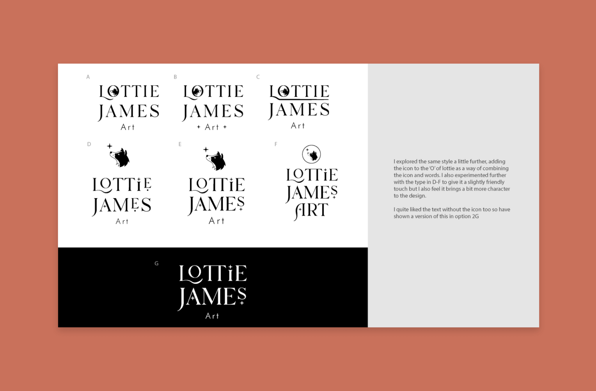 Logo concepts for the Lottie James Brand on a pink background