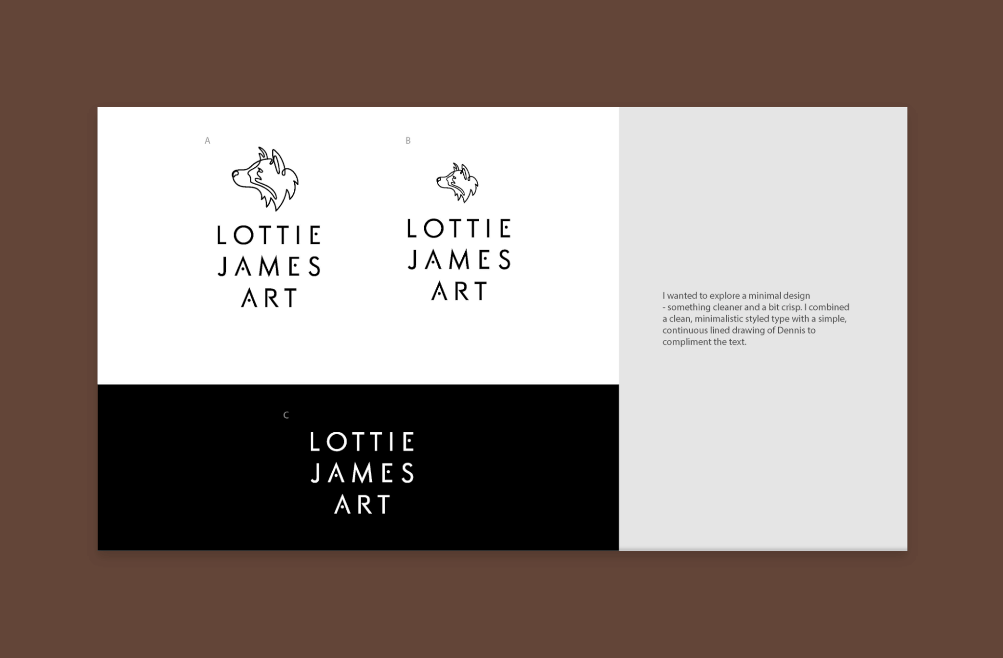 Logo concepts for the Lottie James Brand on a brown background