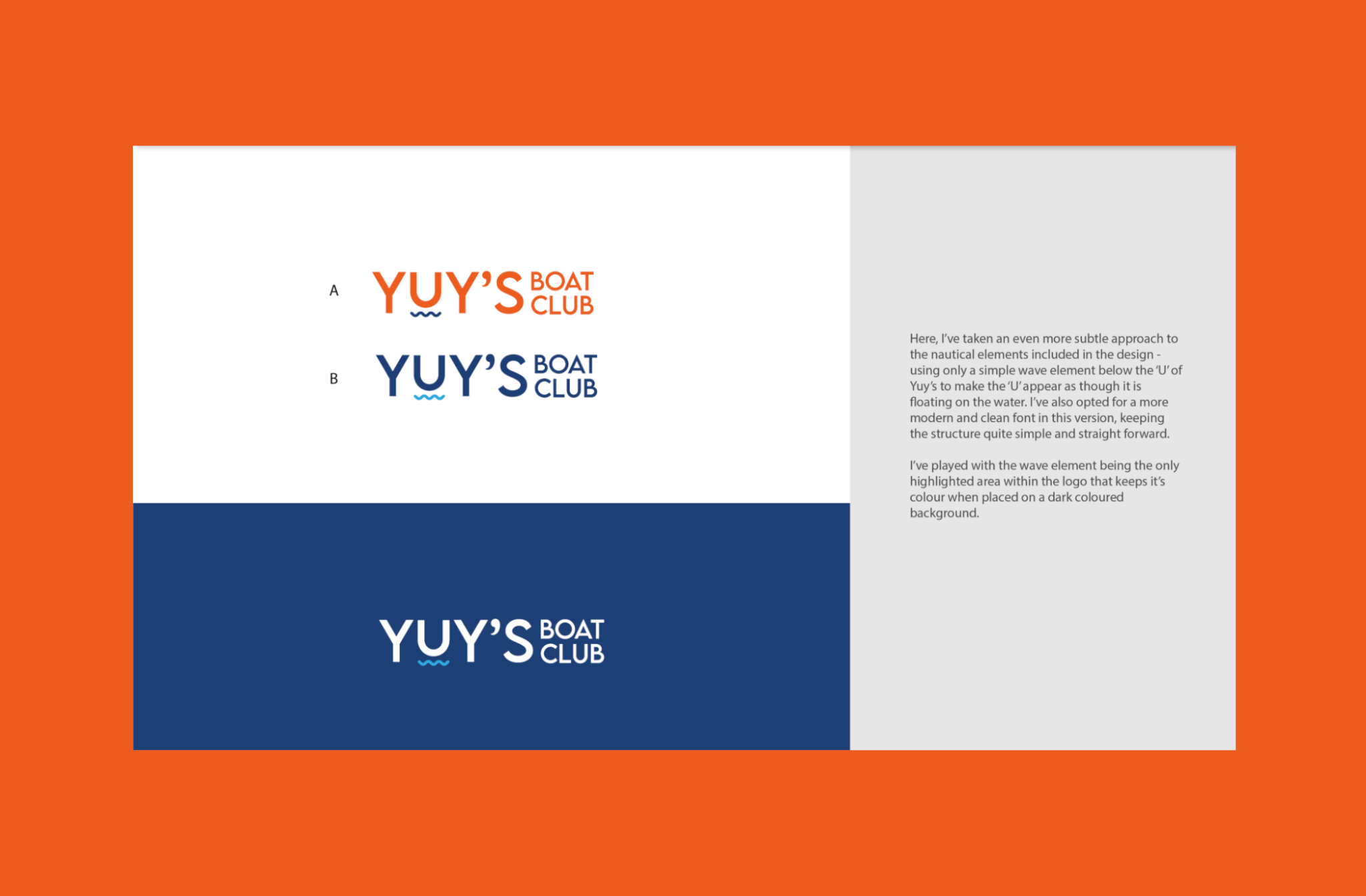 A series of logo options for Yuy's Boat Club on white on a orange background