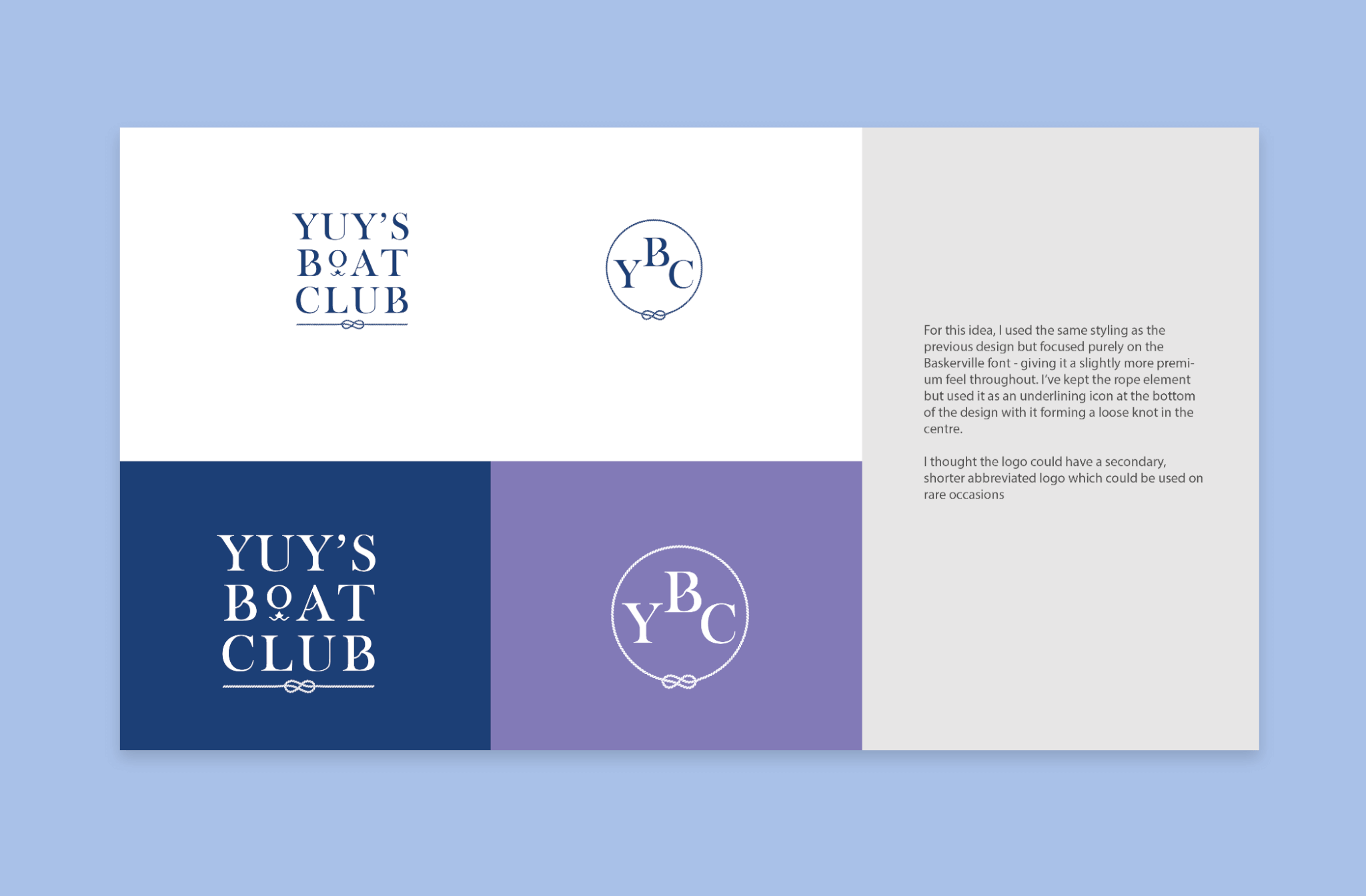 A series of logo options for Yuy's Boat Club on white on a purple background