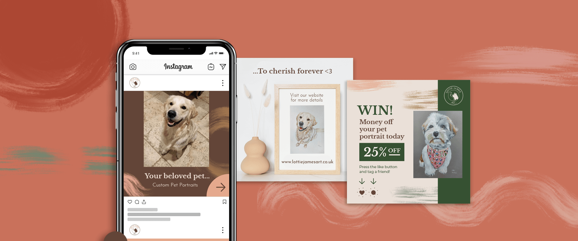 phone with social media posts with personalised dog portraits