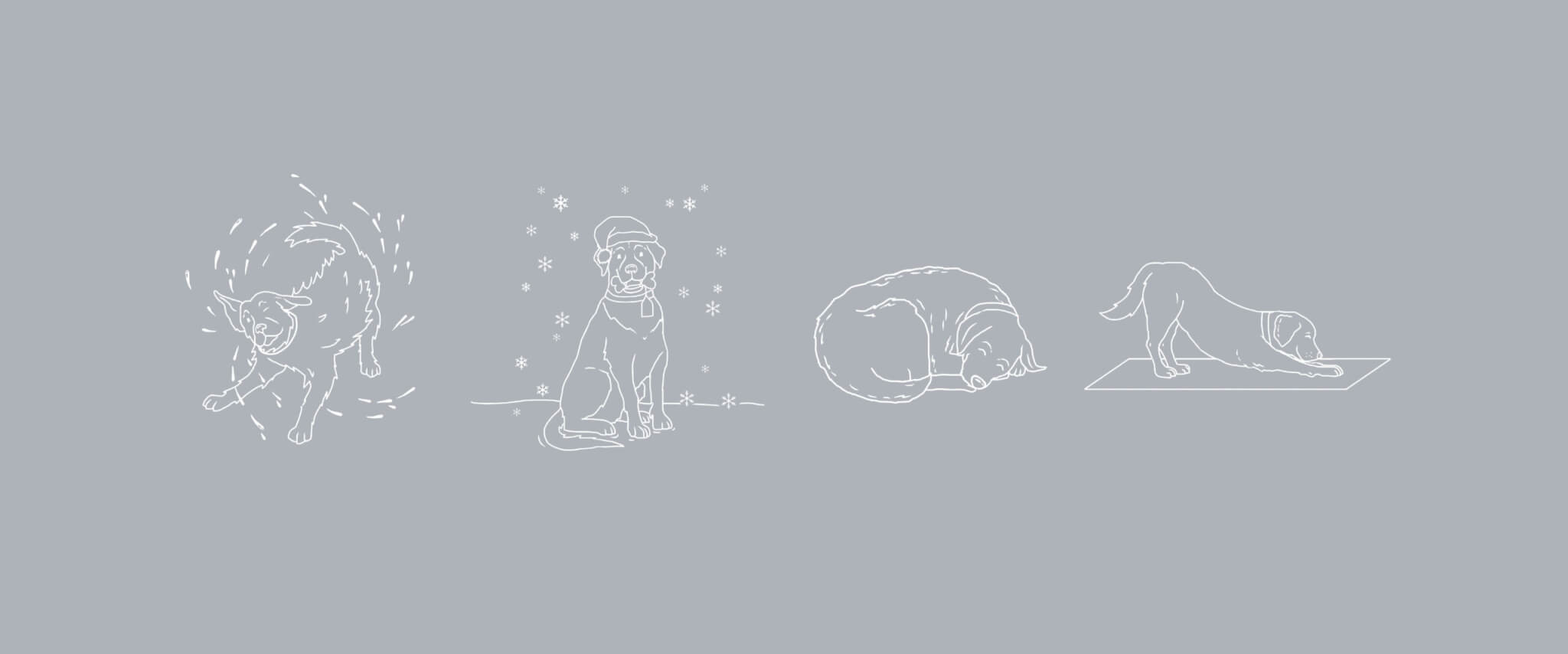 4 dog illustrations, wet dog, Christmas dog, sleeping dog and a dog doing a downward dog pose